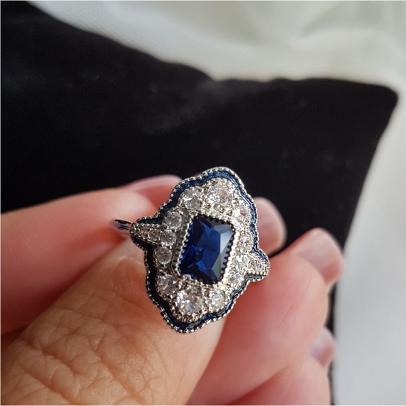 Swarovski Elements 925 Sterling Silver Blue Sapphire Vintage Style Ring NEW - Picture 1 of 9